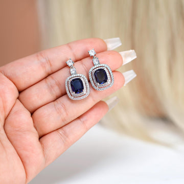 Royal Blue Majestic Aurora CZ Diamond Dangle Earrings, Bridal Jewelry, cushion cut Bridal Earrings, Crystal Statement Earrings Cz